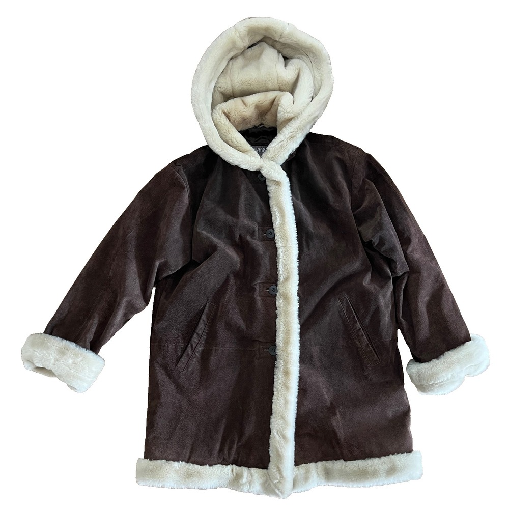 Vintage Wilsons Suede Leather Coat Womens L Brown Faux Fur Trim Hooded Excellent
